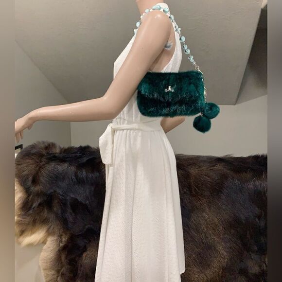 Handmade Real Mink Fur Clutch/Shoulder Bag/Crossbody & Fur Balls Charm - Picture 6 of 17